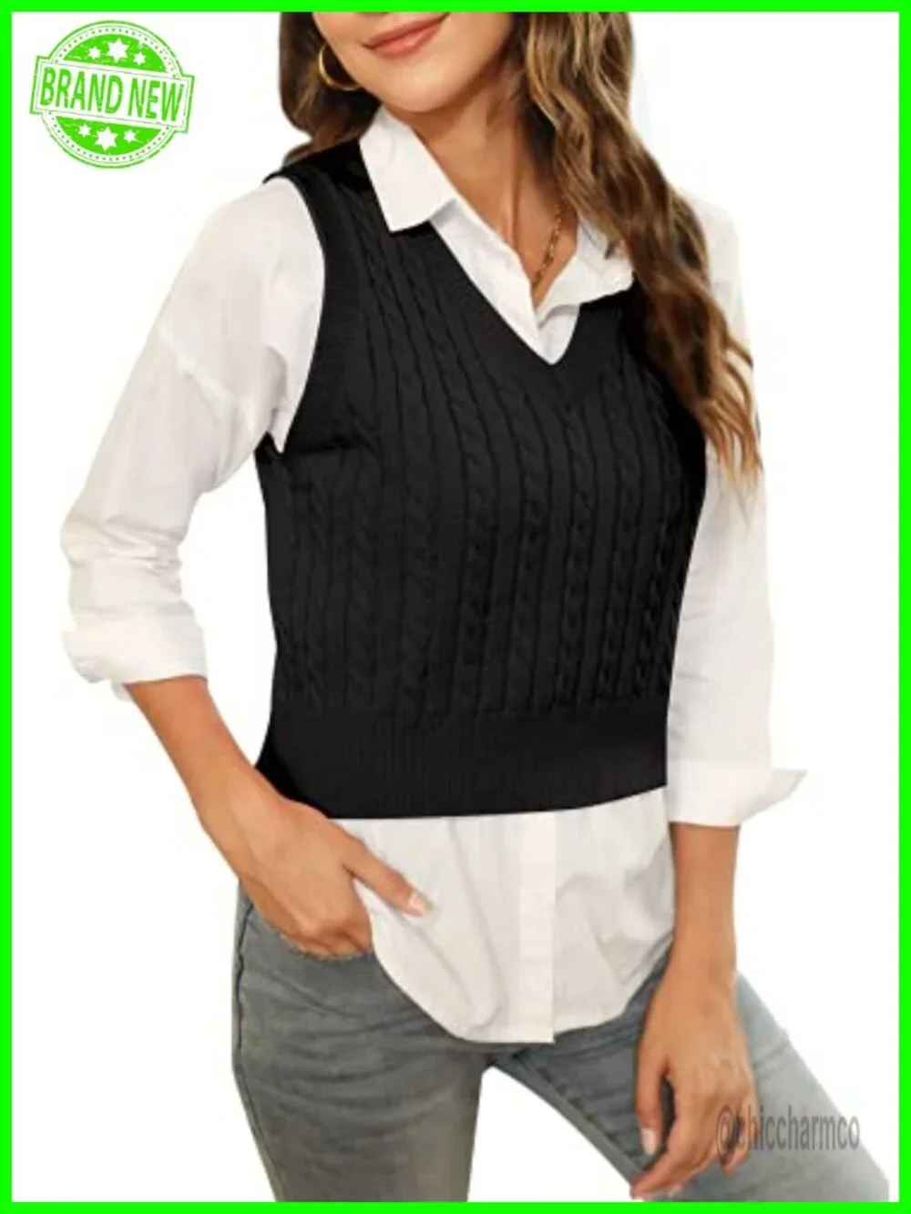 Women's Knitted V-Neck Vest Argyle Plaid Preppy Sleeveless Pullover Crop